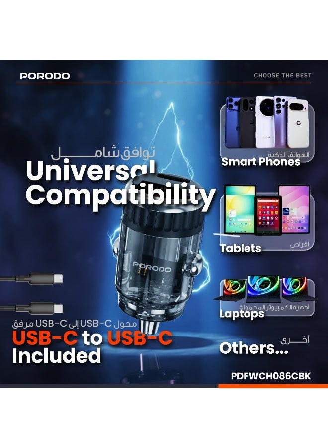 porodo Dual Port Transparent Car Charger with Pull Ring Handle & USB-C to USB-C Cable / PD 36W/ QC 18W/ USB-A & USB-C Ports/Fast Charging/ Sleek & compact Flush-Fit Design/Universal Compatibility - Black - Image 5